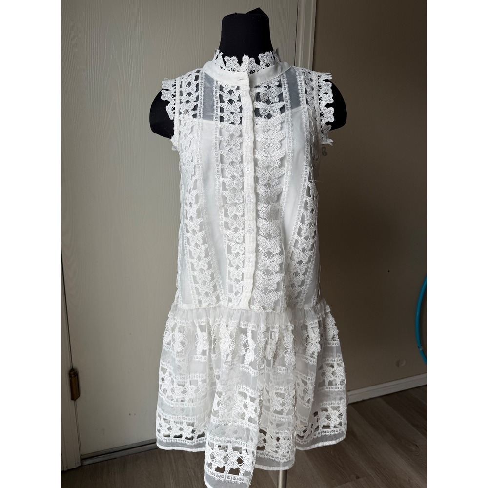 Ciebon White Butterfly Lace Drop Waist Mini Dress Sleeveless Ruffle Neck Small